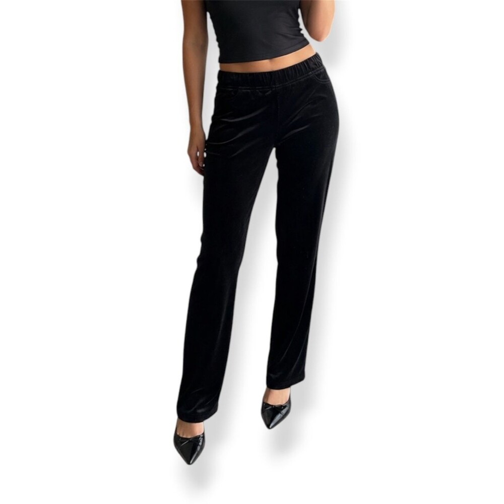 Eileen Fisher Black Velvet Straight Leg Cotton Pull On Elastic Waist Pants